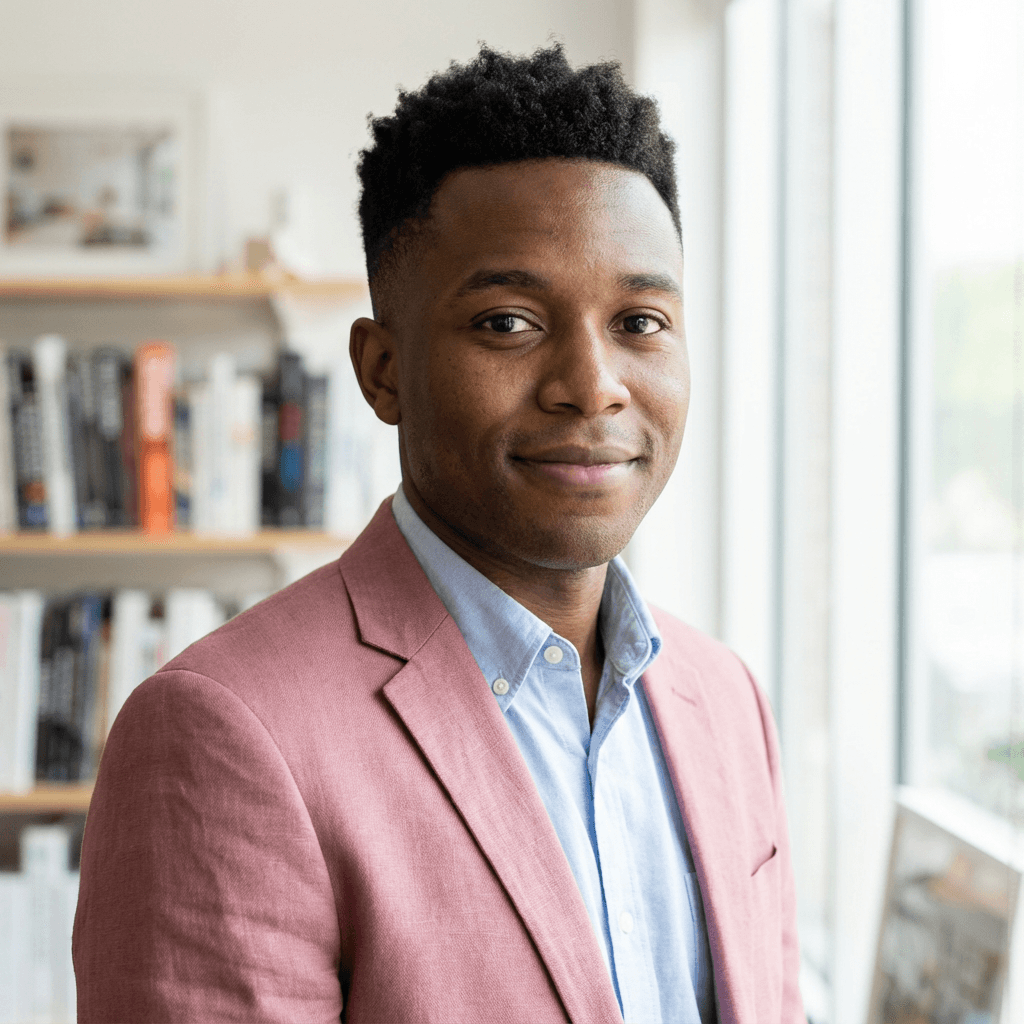 Daniel Okafor sketching wireframes and user flows in a collaborative studio setting