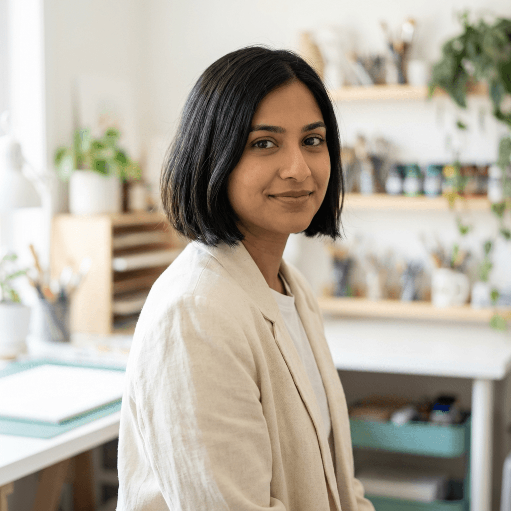 Maya Patel reviewing brand color palettes and typography on a studio desk