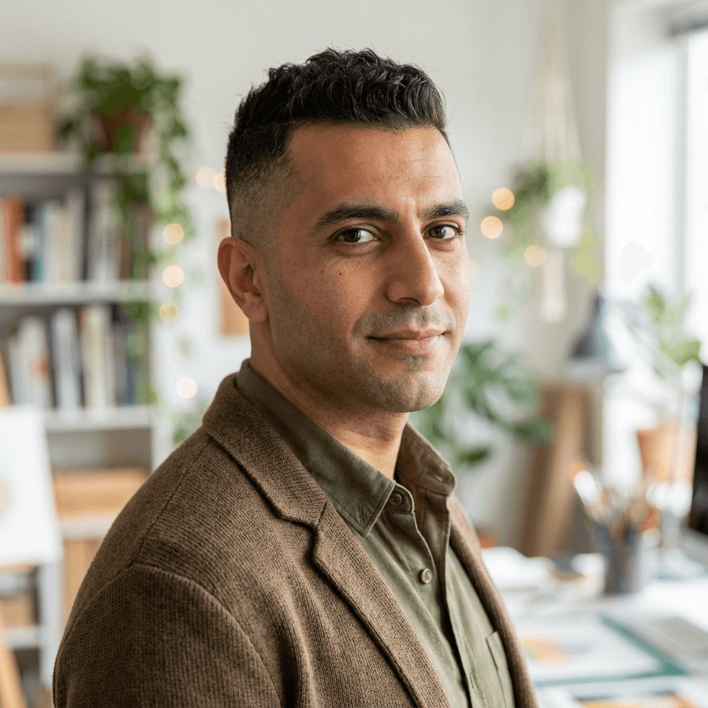 Samuel Hansen, founder and creative director of Clayton Studios, in a bright Toronto studio