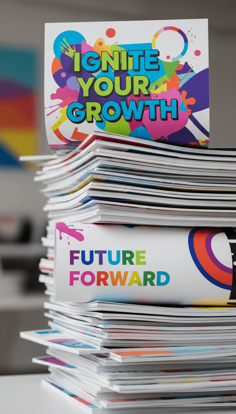 Stack of printed marketing materials with bold, colorful graphic design