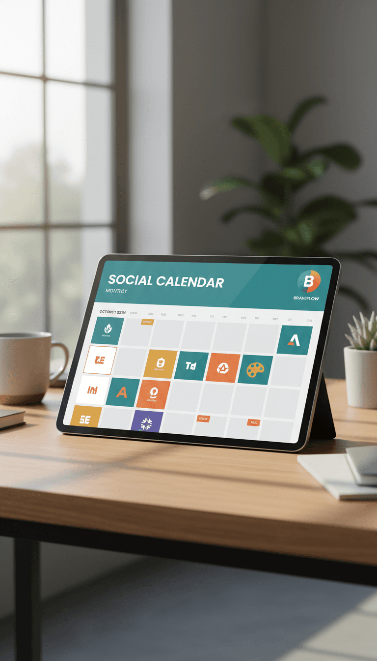 Social media content calendar with brand graphics displayed on a tablet in an office