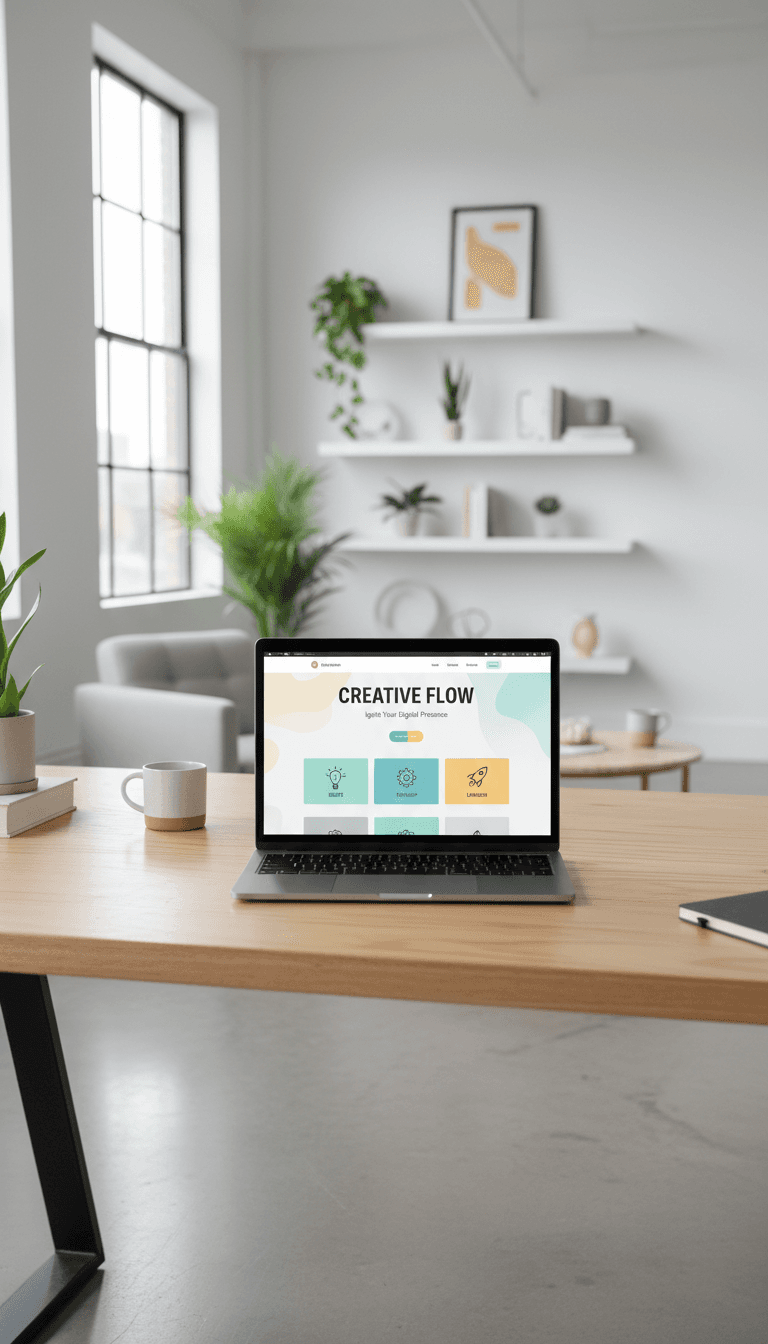 Modern website design displayed on a laptop screen in a bright design studio