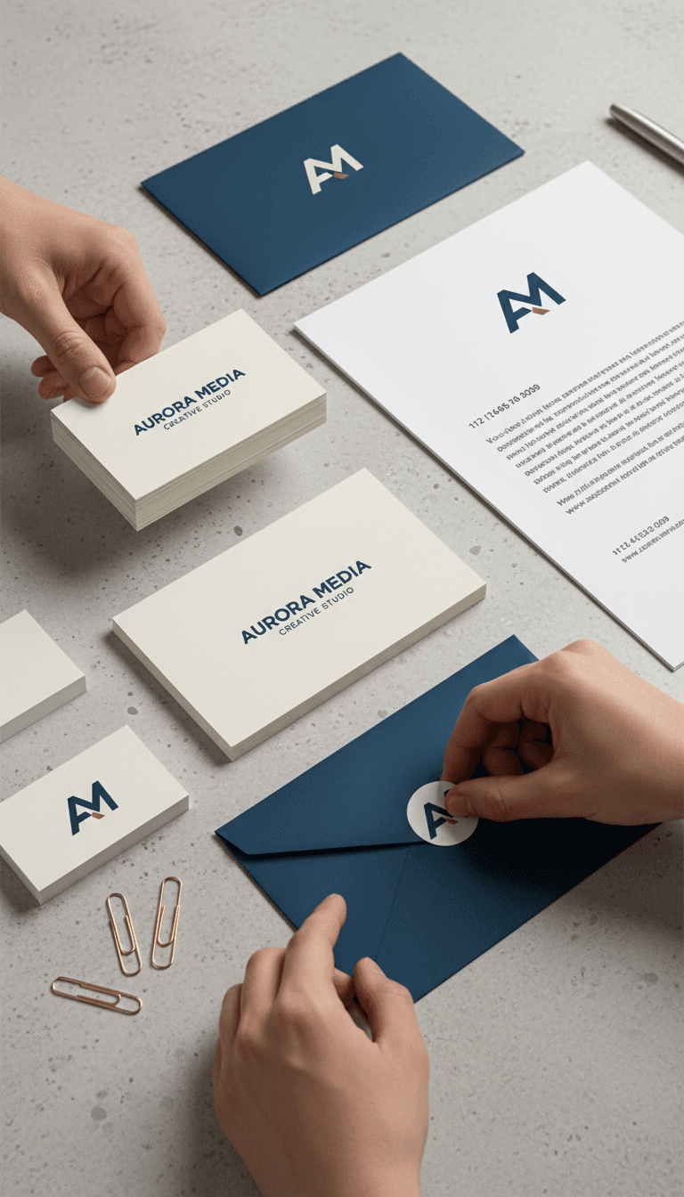 Designer hands arranging business cards and stationery with a custom logo