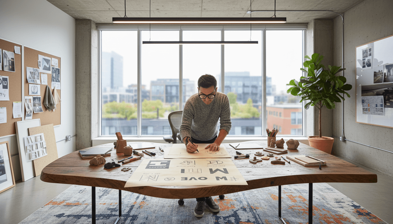 Modern creative studio workspace with design materials on table