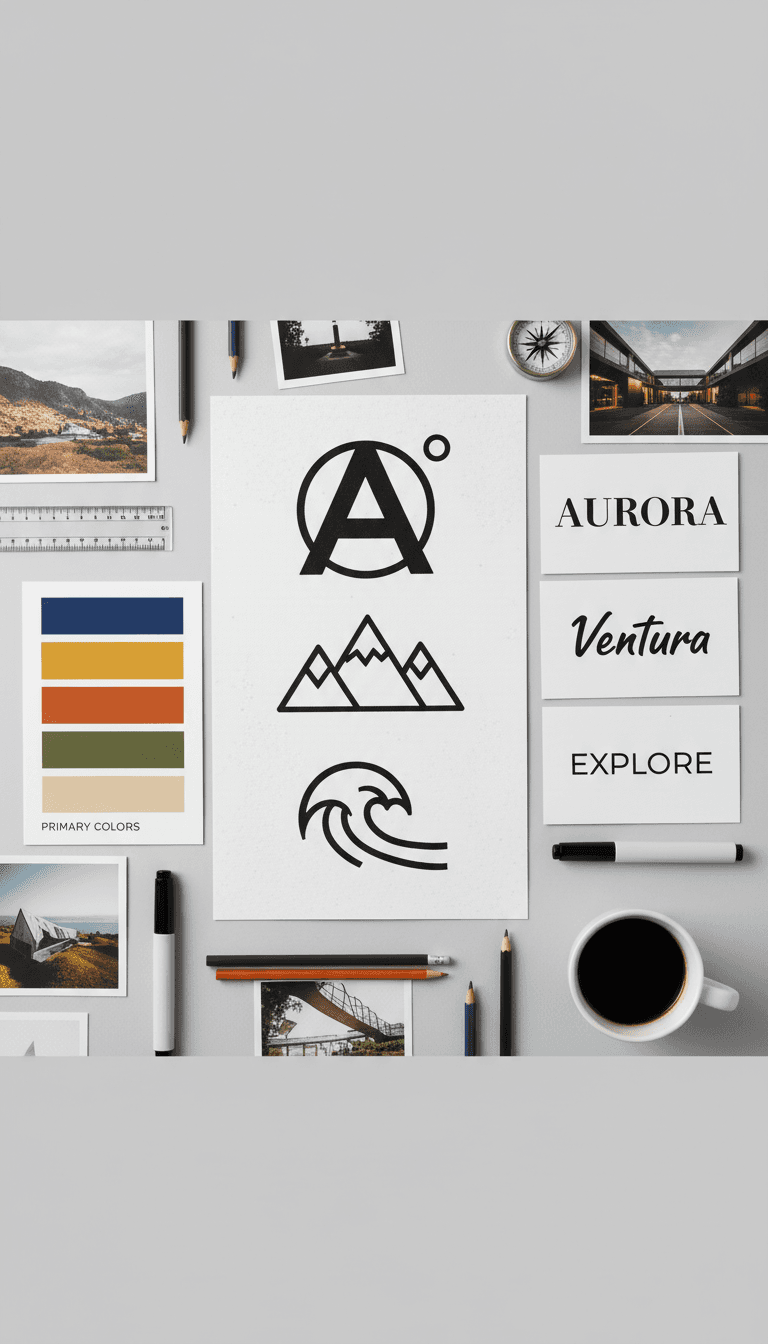 Brand identity mood board with logo sketches, color swatches, and typography samples