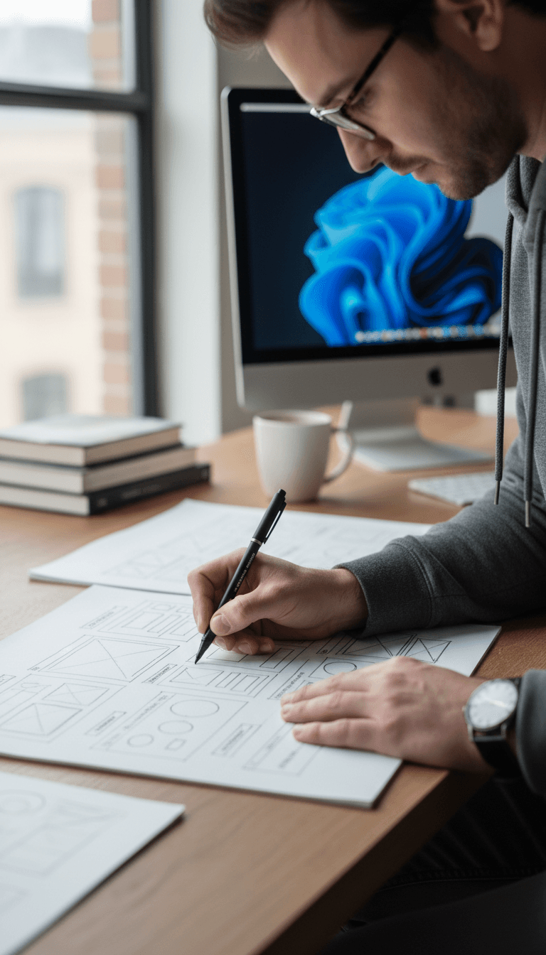 Designer sketching wireframes and website layouts on paper in a studio
