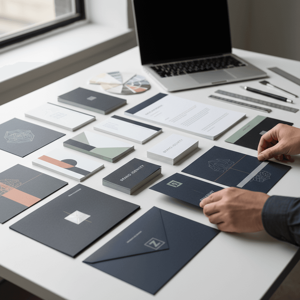 Brand identity printed across business cards and stationery in a flat lay