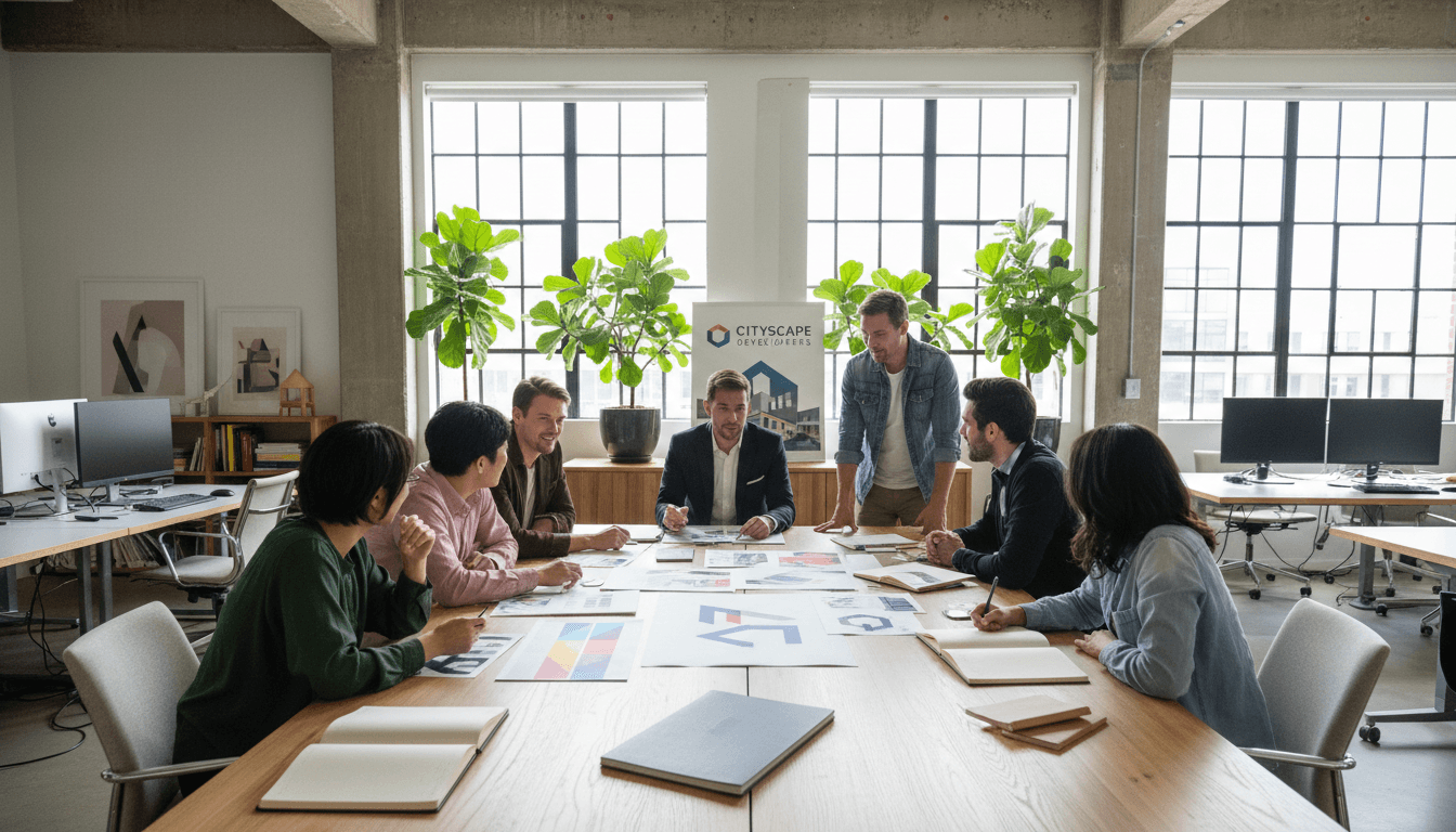 Creative team reviewing brand design mockups in a bright modern studio