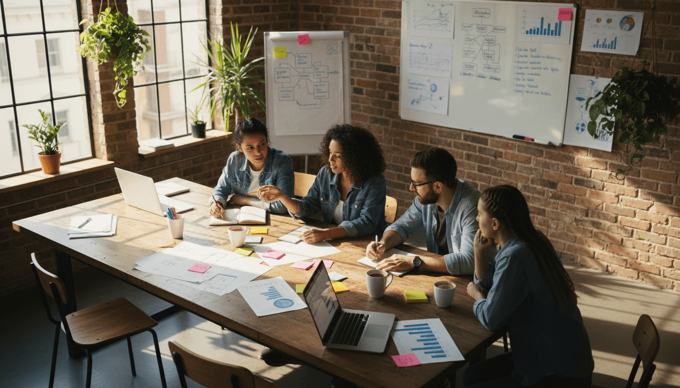 Creative team planning with sticky notes in a bright modern studio