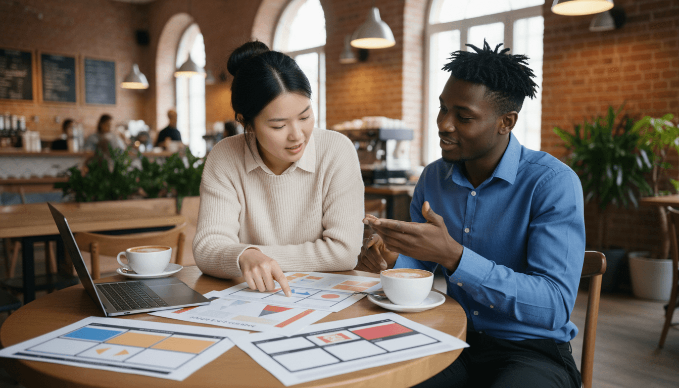 Creative professional and client reviewing work together in a studio