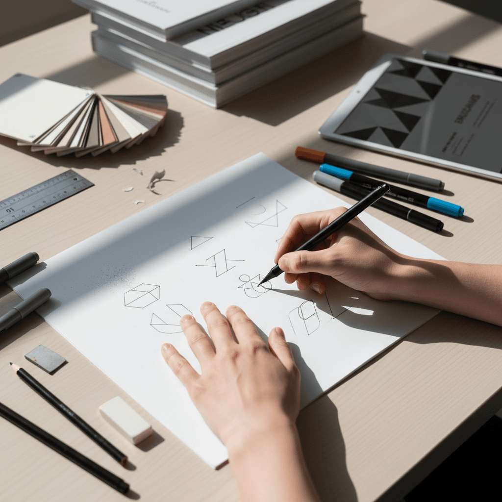Designer refining brand identity sketches at a clean desk