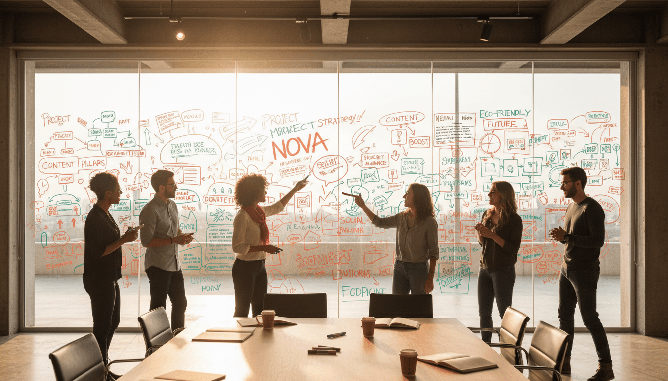 Creative team working on brand identity in a modern studio