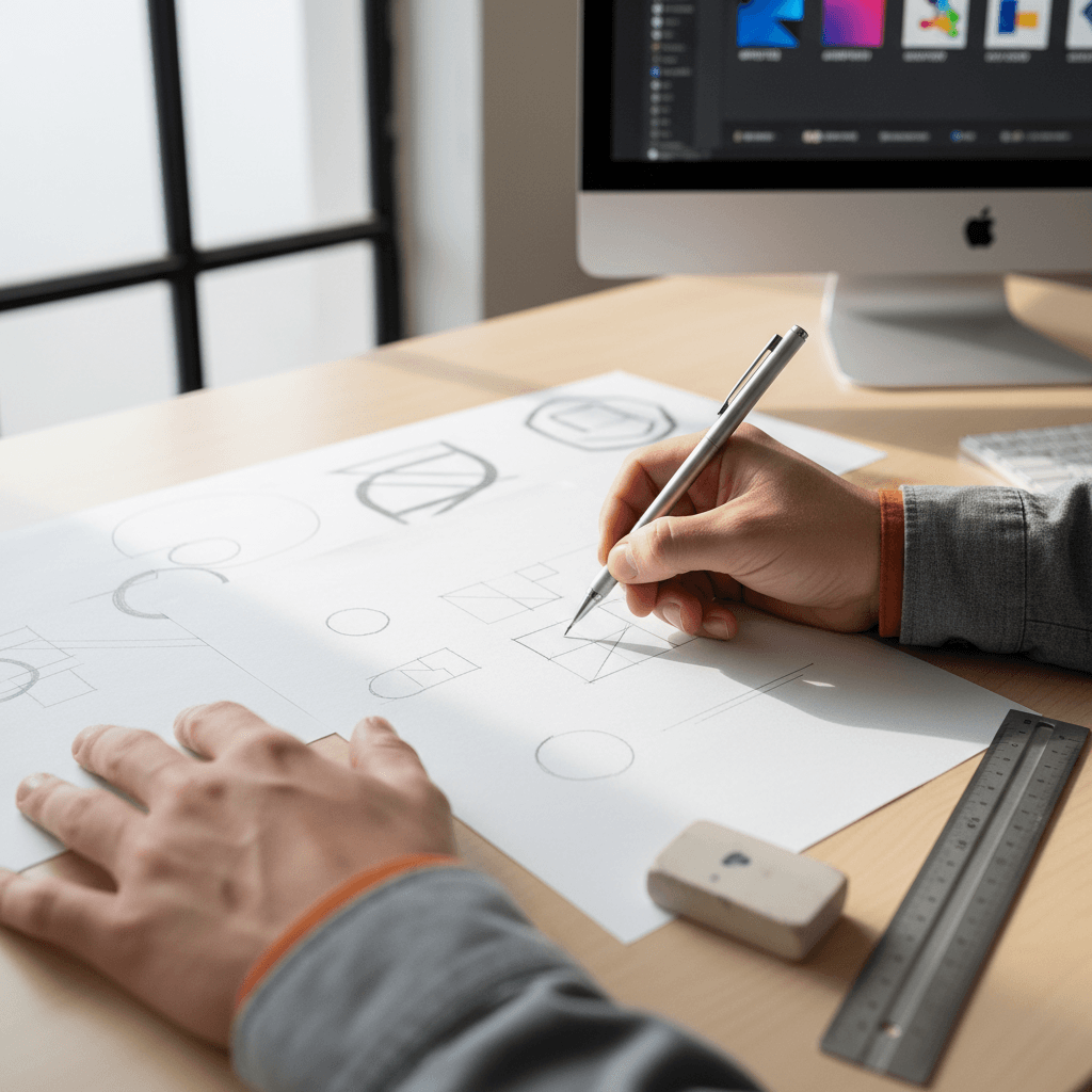 Designer sketching logo ideas at bright studio desk