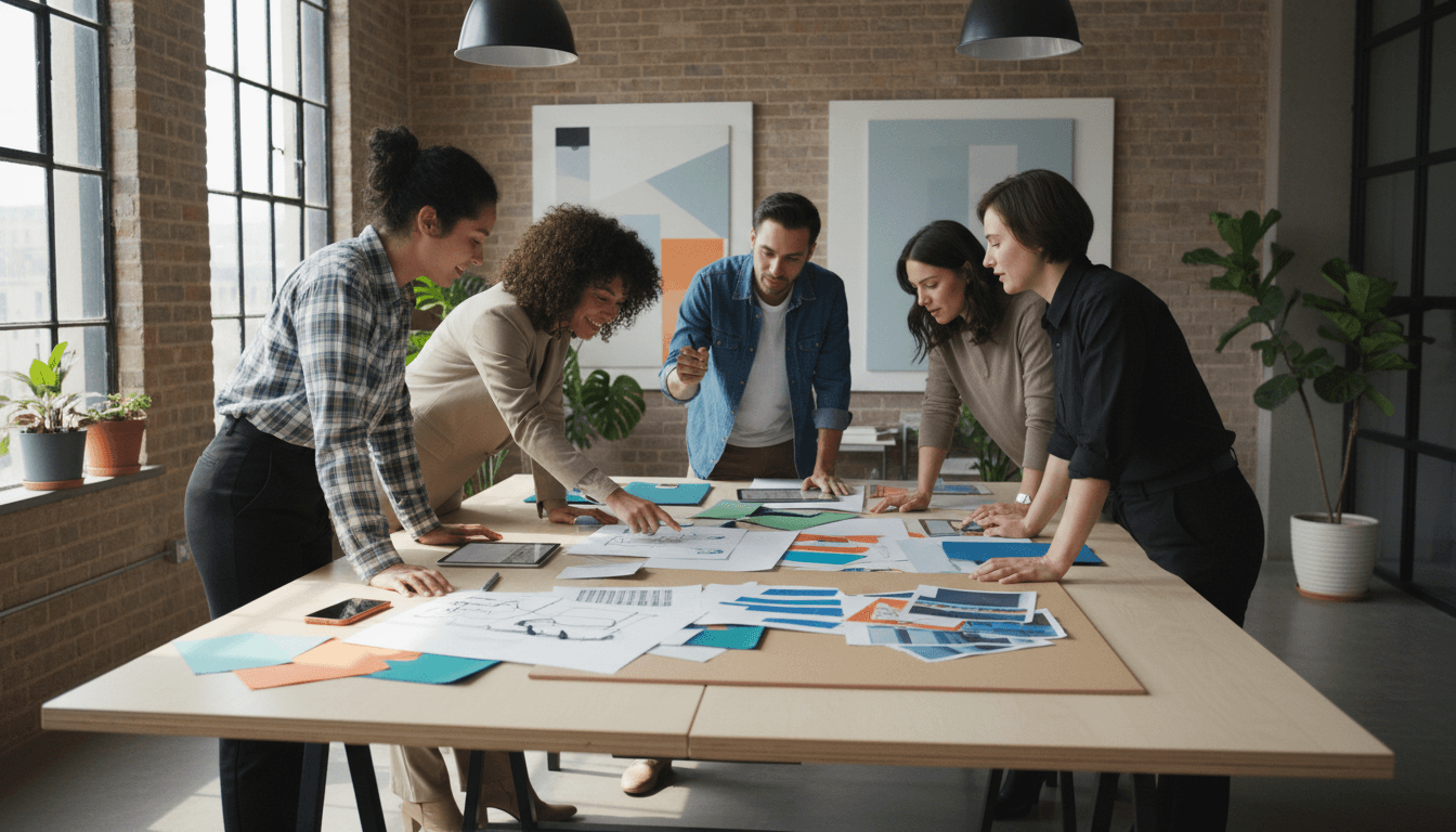 Creative team working on a brand design project in a bright studio