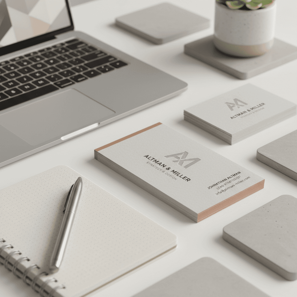 Minimalist business cards and branded stationery flat lay