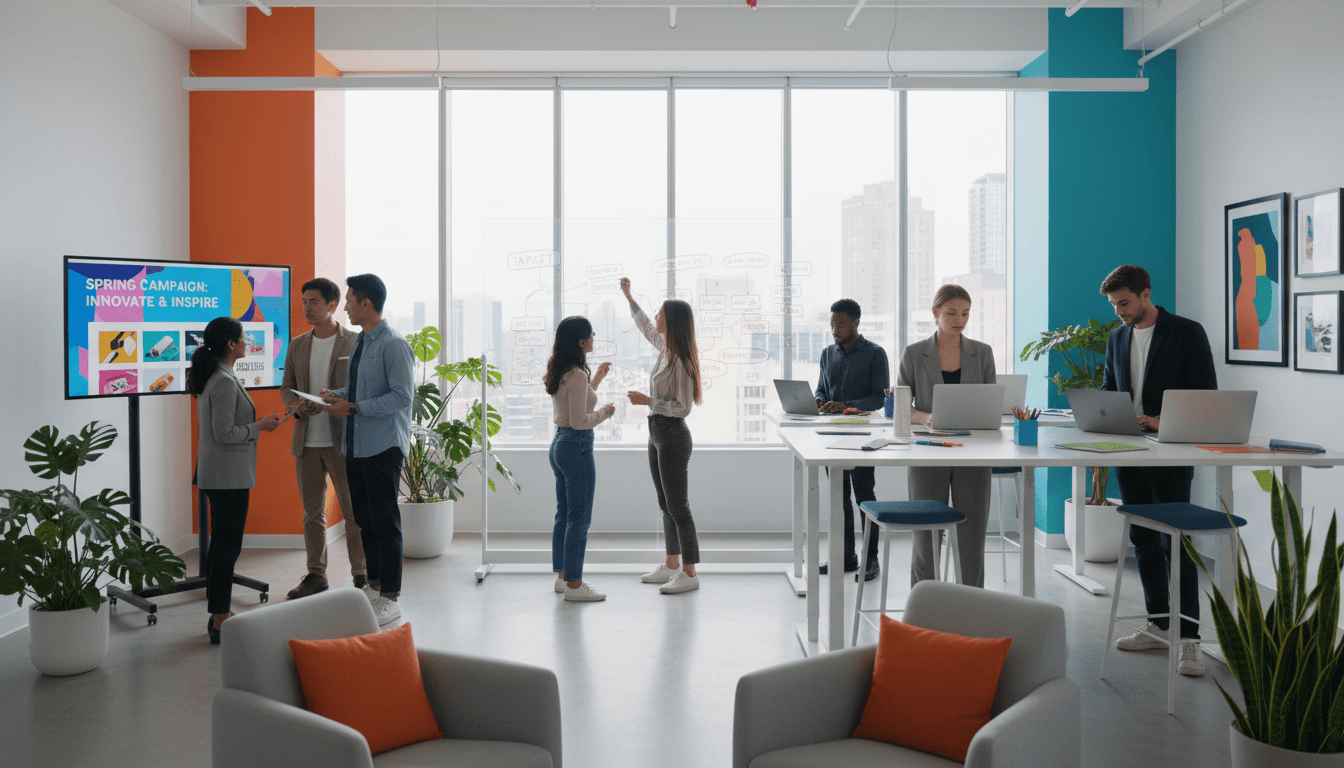 Marketing team reviewing colorful campaign posters in a creative workspace