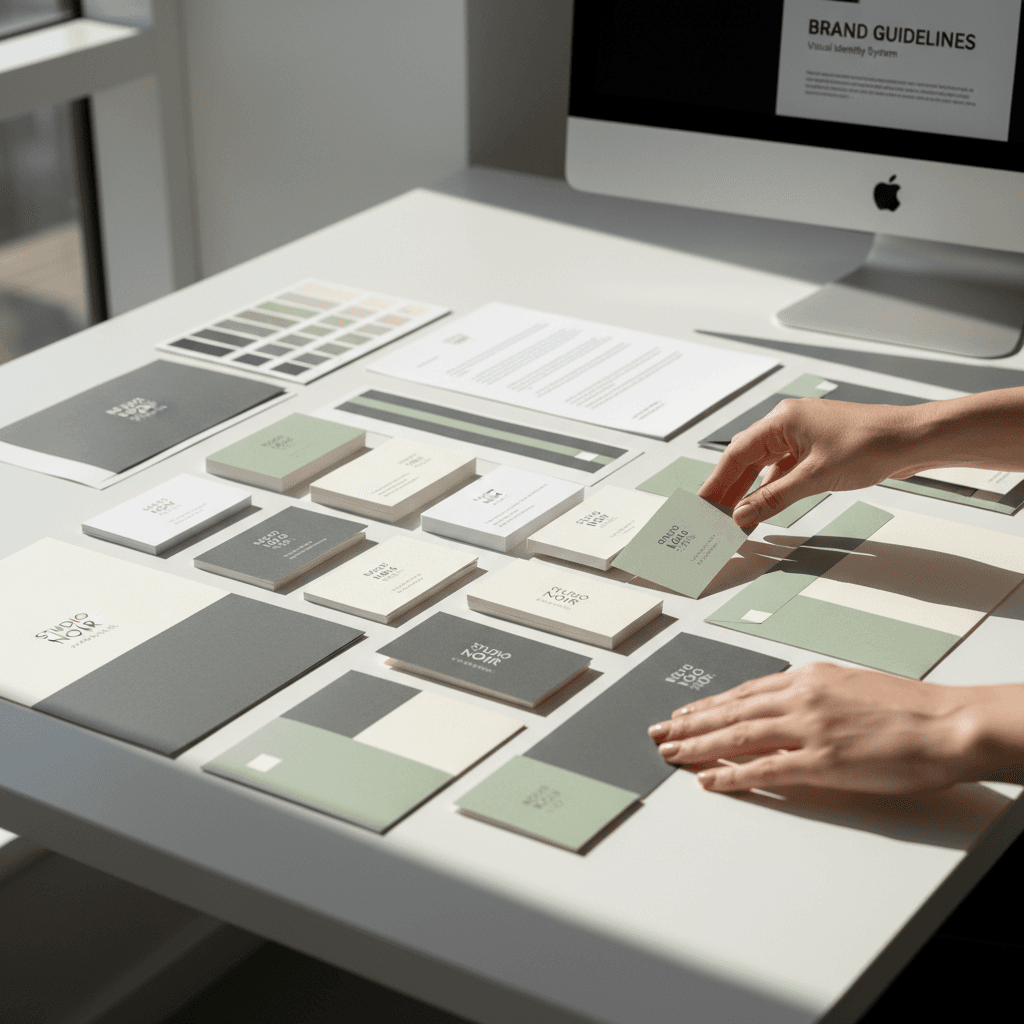 Branded packaging mockups and marketing posters in studio