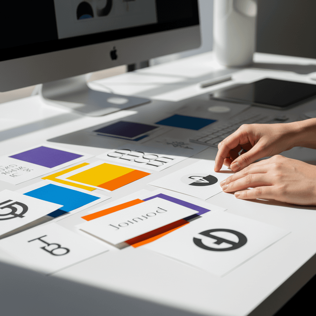 Brand identity mood board with logo sketches and color swatches