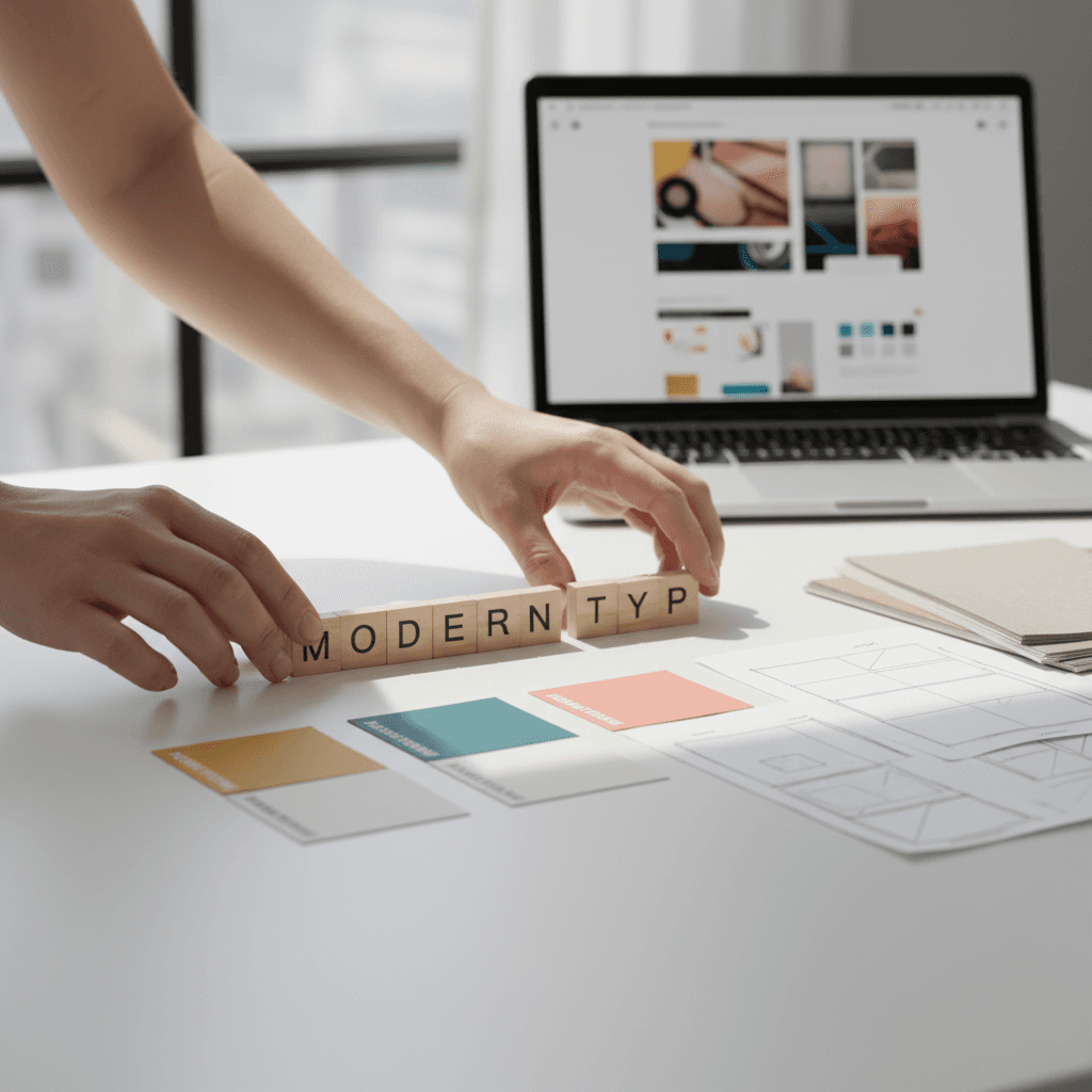 Brand identity design sketches and color palette on a desk in a creative studio