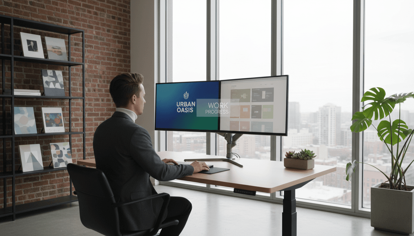 Designer working on brand identity at a modern studio desk in Toronto
